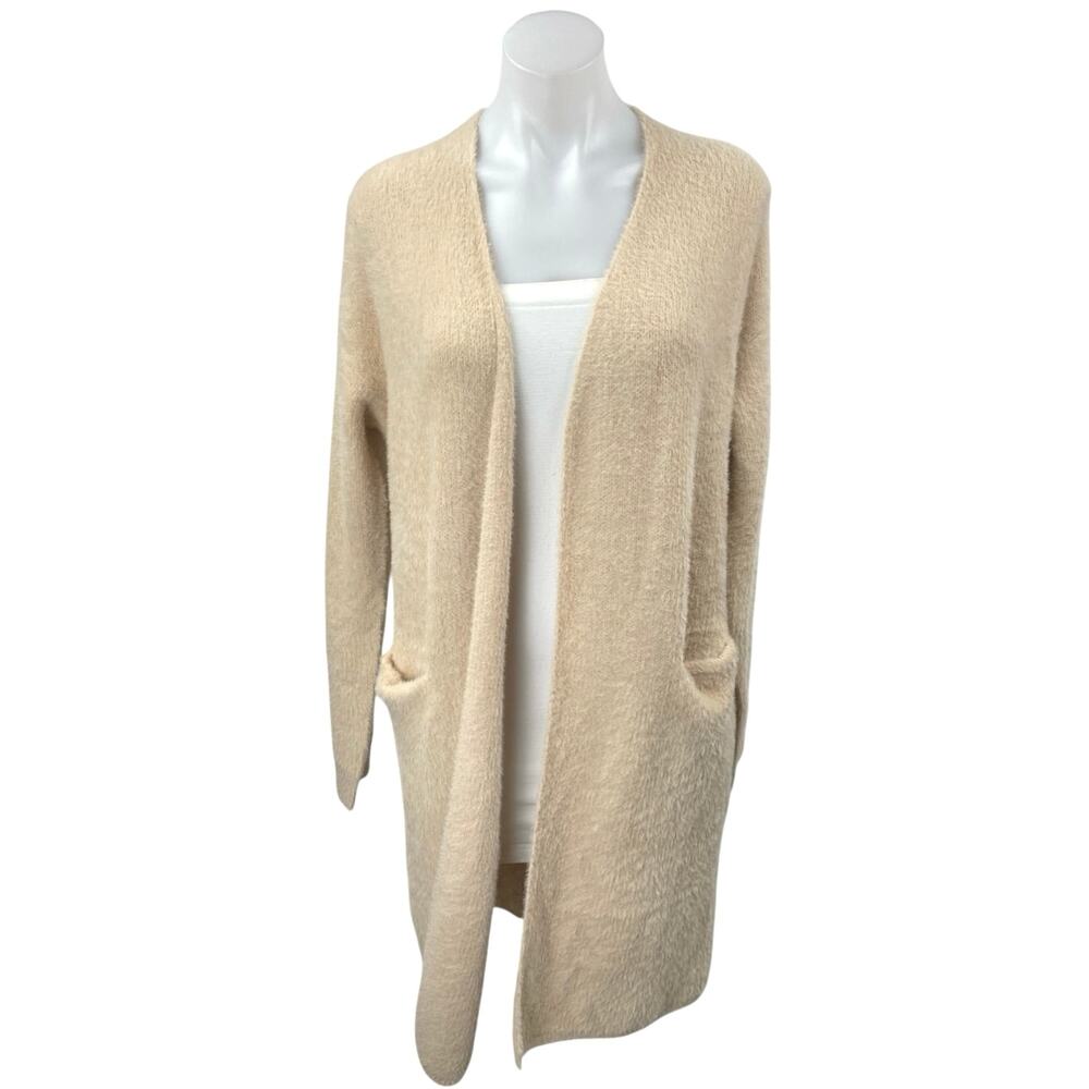 Dear John Beige Tan Khaki Long Sleeve Open Pocket Long Cardigan Sweater Top Sz S